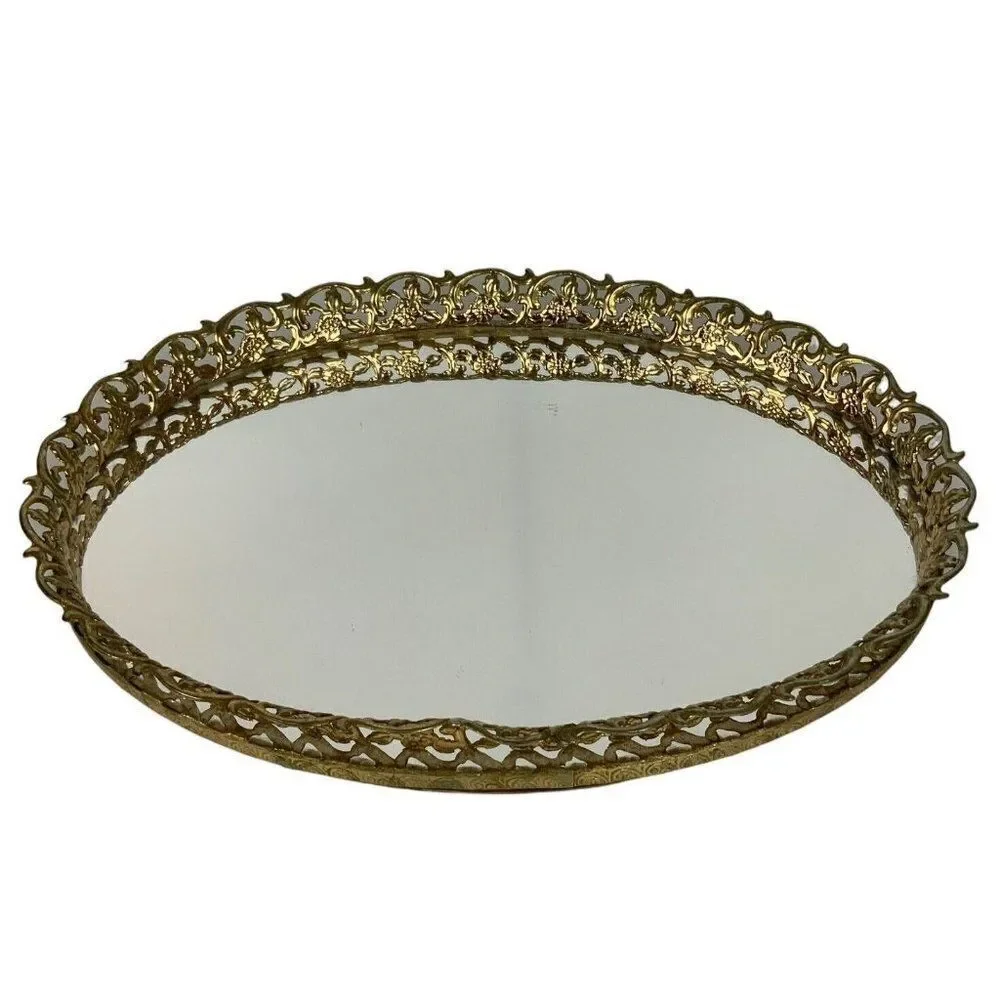 Vintage Oval Vanity Tray Gold Gilt Metal Filigree Mirror Hollywood Regency 1950s